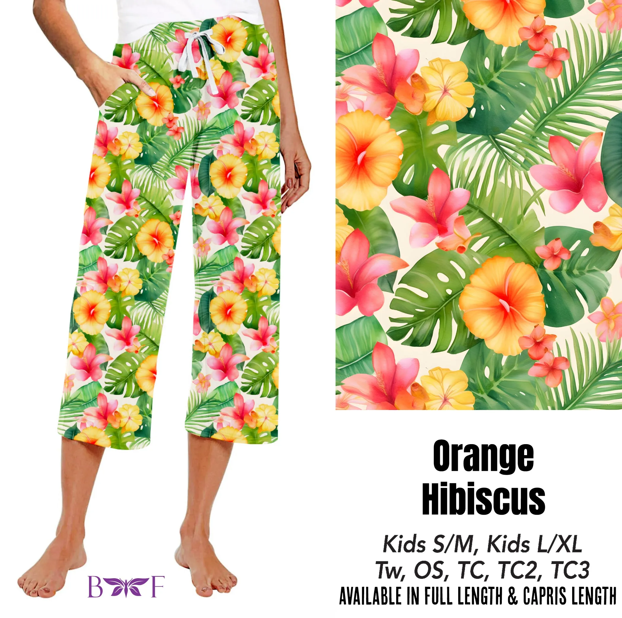 Orange Hibiscus capris and skorts with pockets