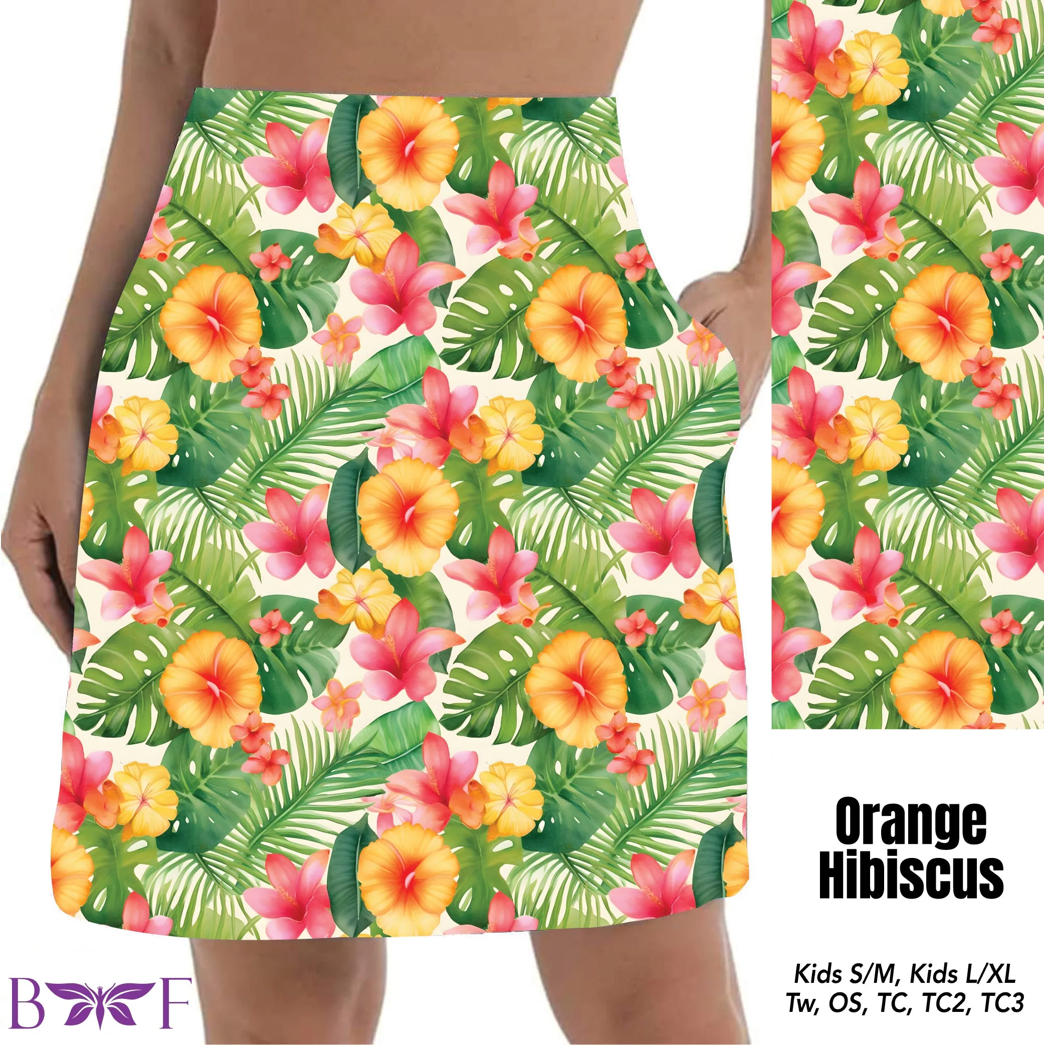 Orange Hibiscus capris and skorts with pockets