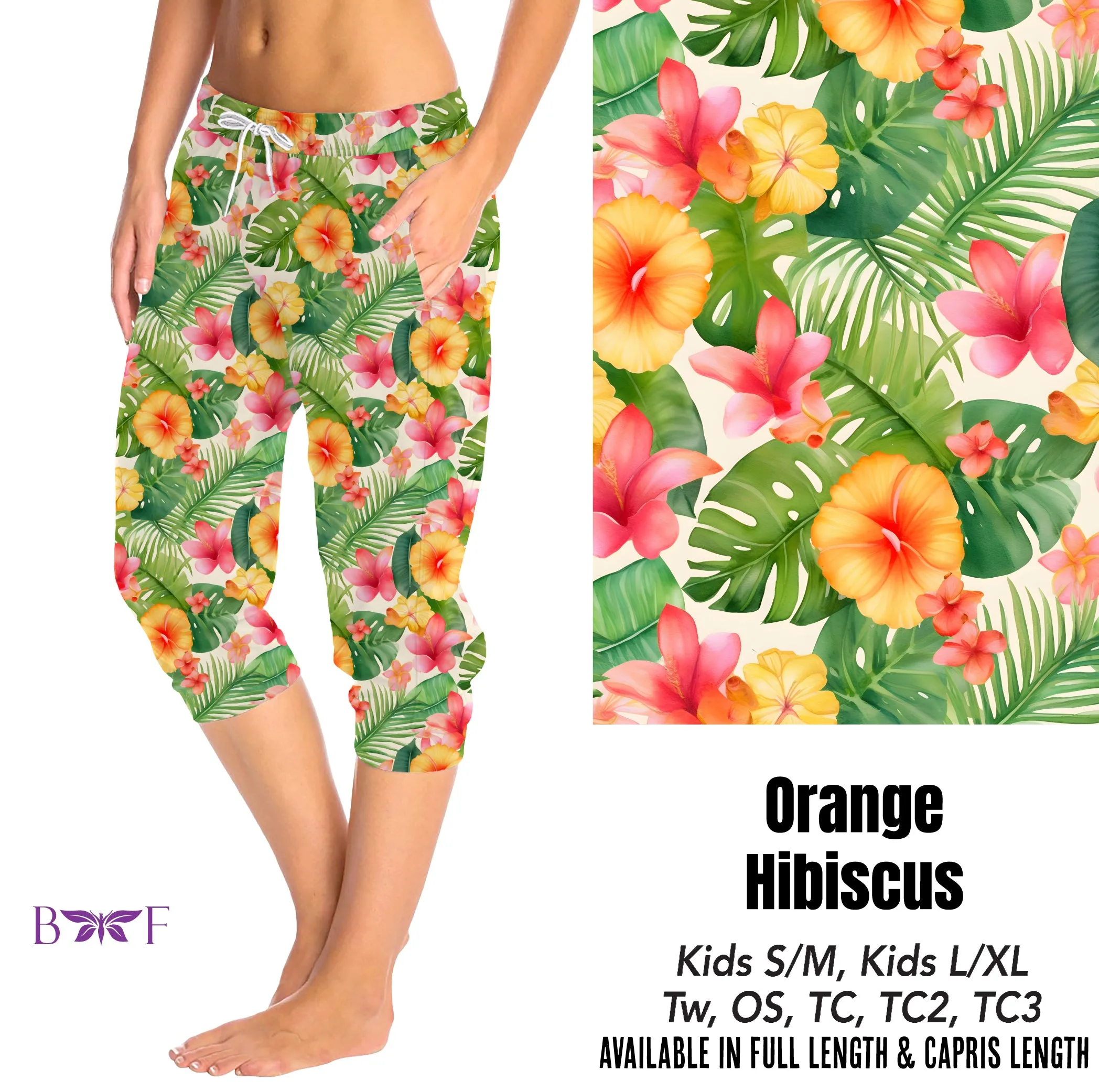 Orange Hibiscus capris and skorts with pockets