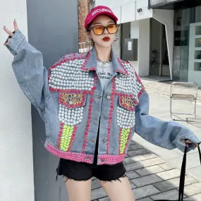 Patchwork Diamond Denim Coats For Women Lapel Long Sleeve Loose Chic Hit Color Streetwear Jacket Female Fashion