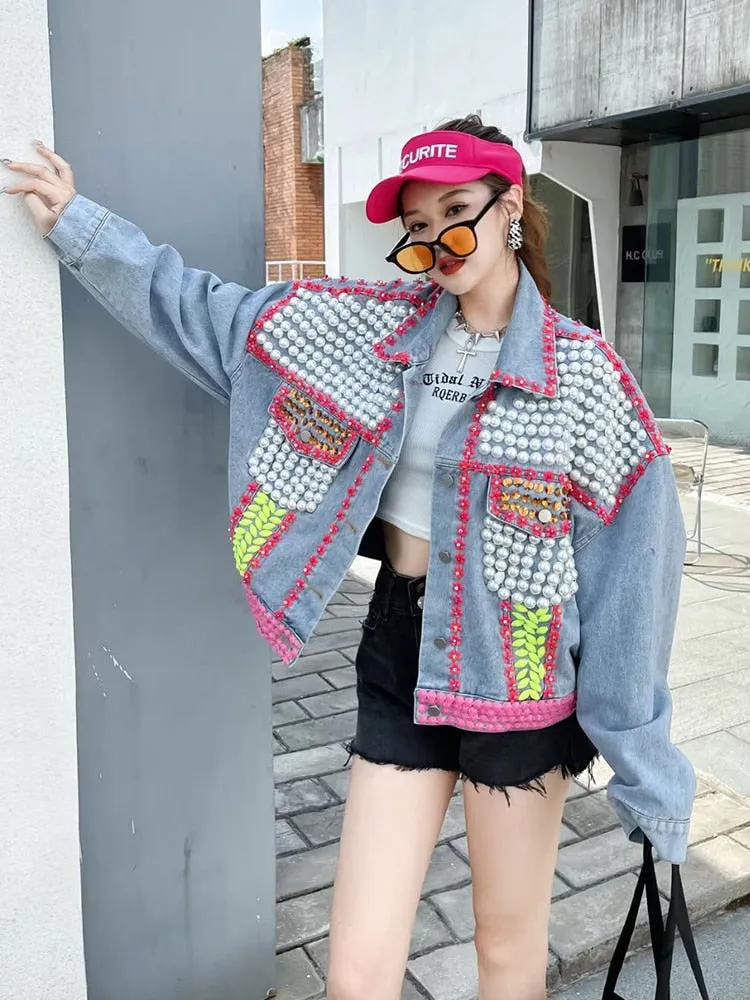 Patchwork Diamond Denim Coats For Women Lapel Long Sleeve Loose Chic Hit Color Streetwear Jacket Female Fashion