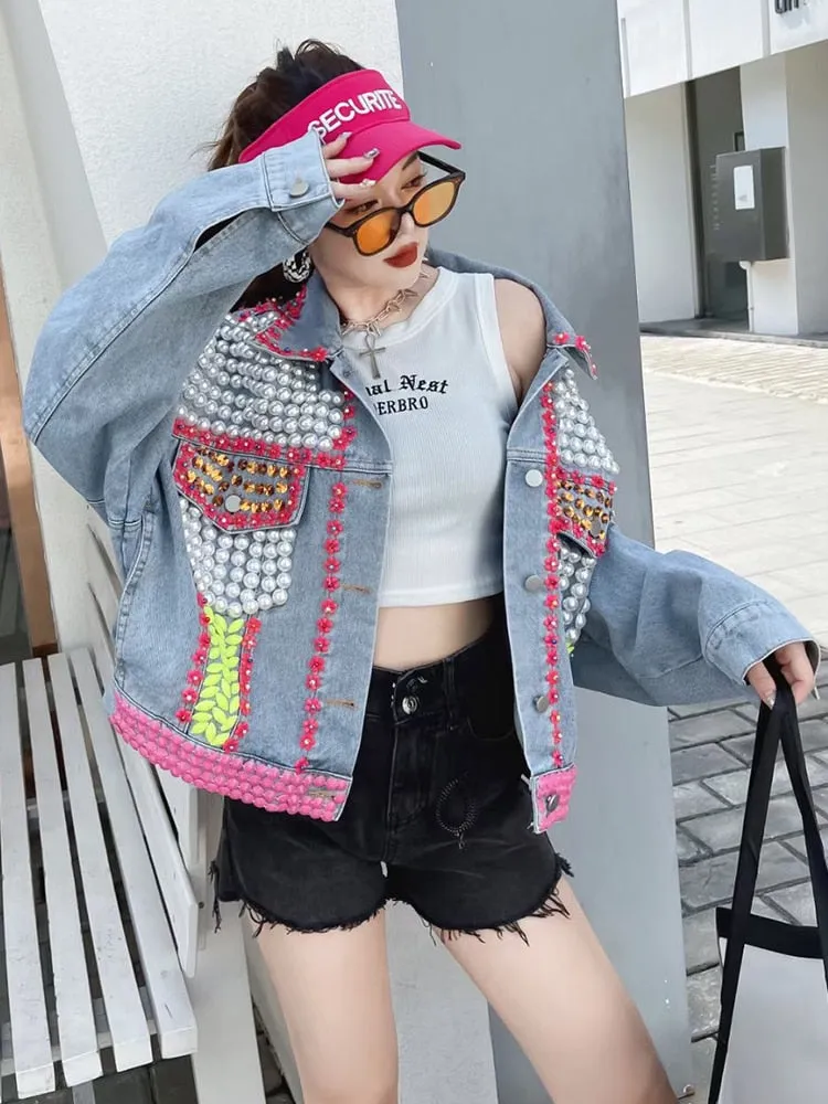 Patchwork Diamond Denim Coats For Women Lapel Long Sleeve Loose Chic Hit Color Streetwear Jacket Female Fashion