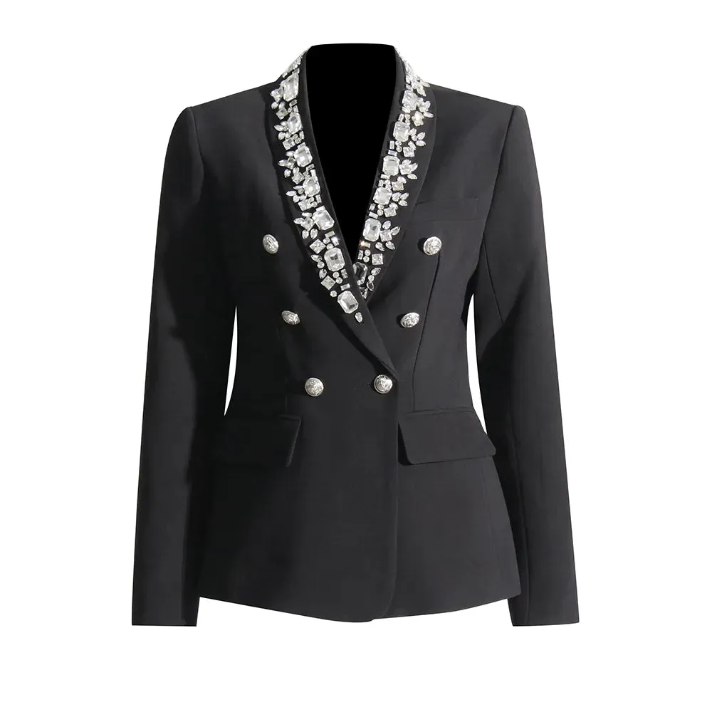 Patchwork Diamonds Solid Casual Blazers For Women Shawl Collar Long Sleeve Spliced Double Breasted Blazer Female