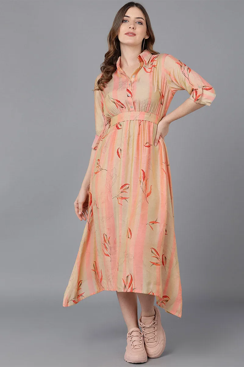 Peach Crepe Floral Print Midi Dress