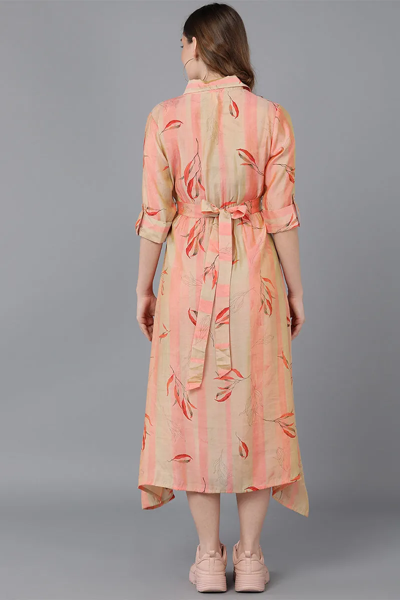 Peach Crepe Floral Print Midi Dress