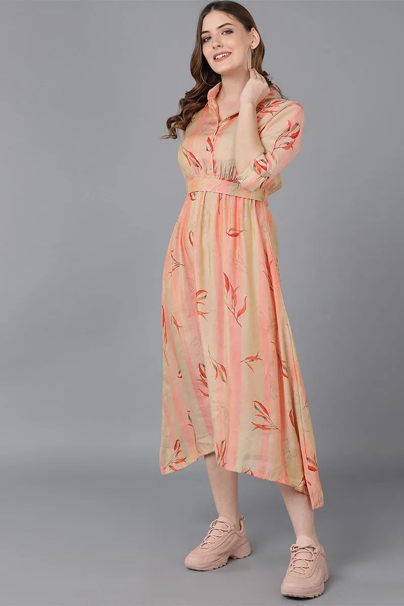 Peach Crepe Floral Print Midi Dress