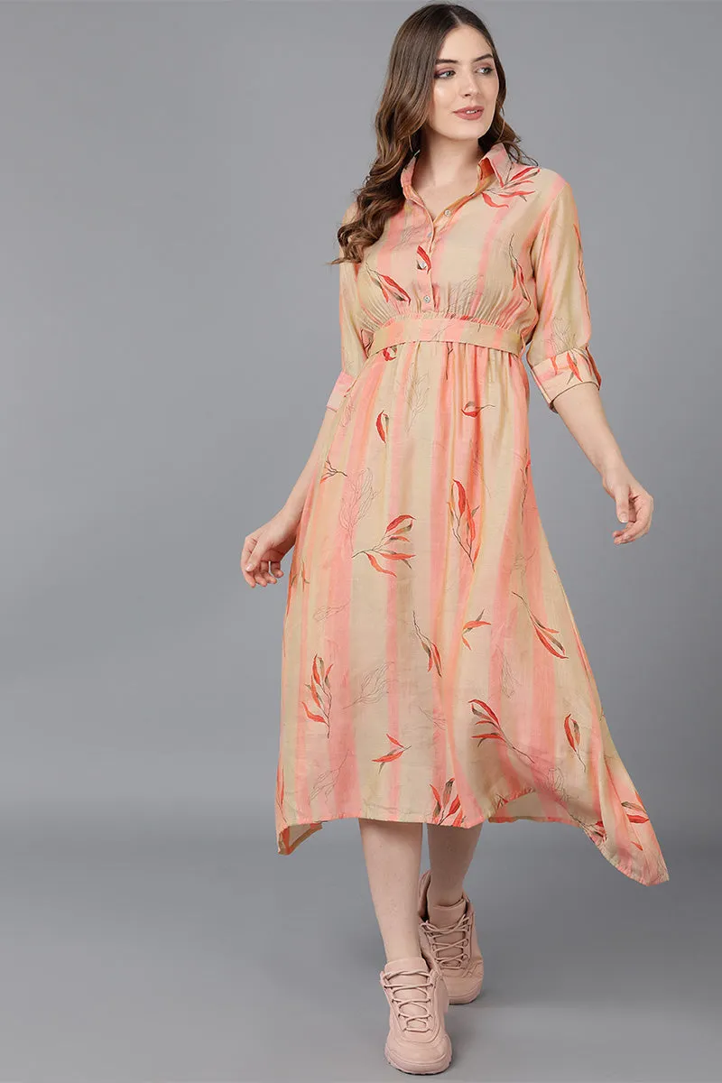 Peach Crepe Floral Print Midi Dress