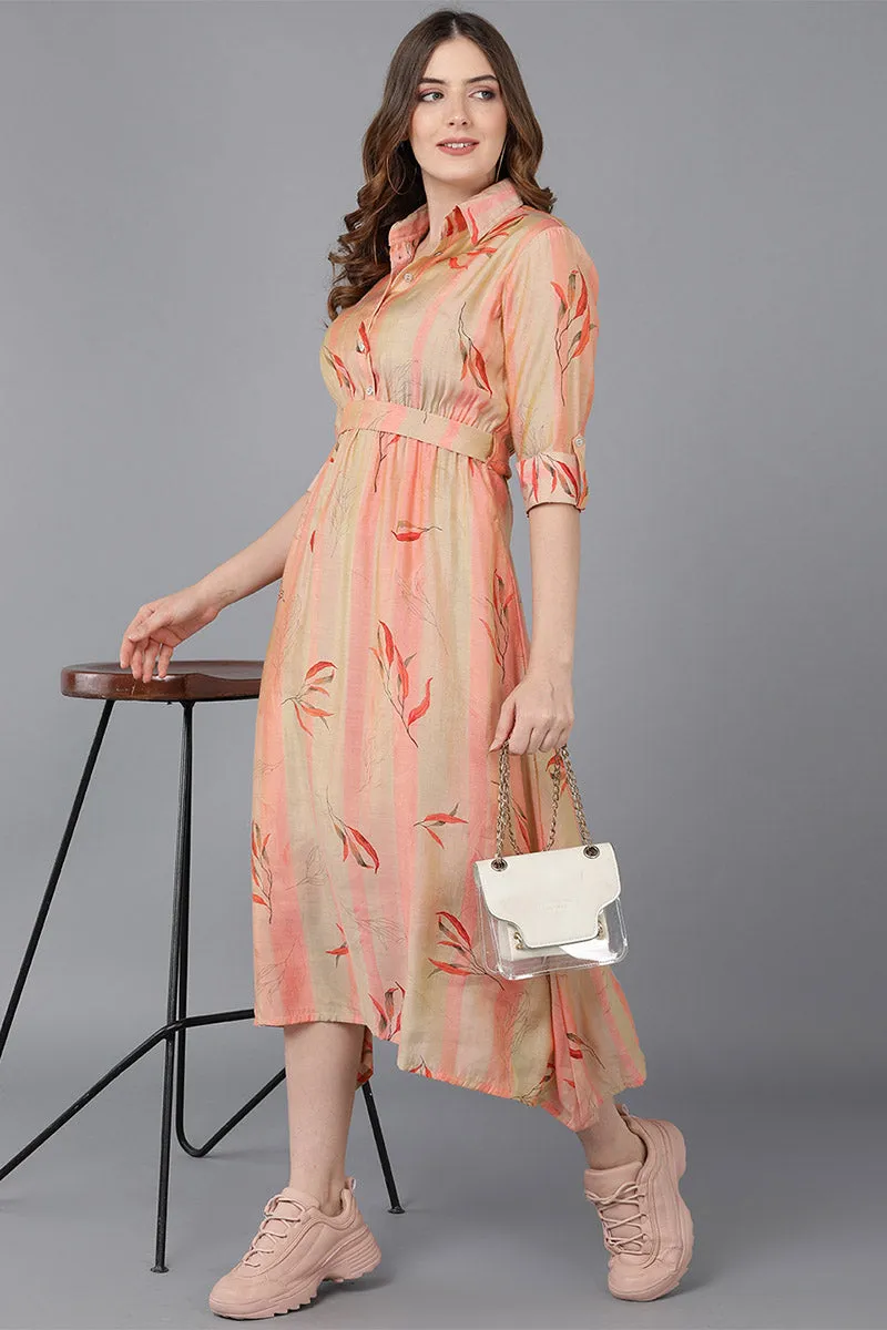 Peach Crepe Floral Print Midi Dress