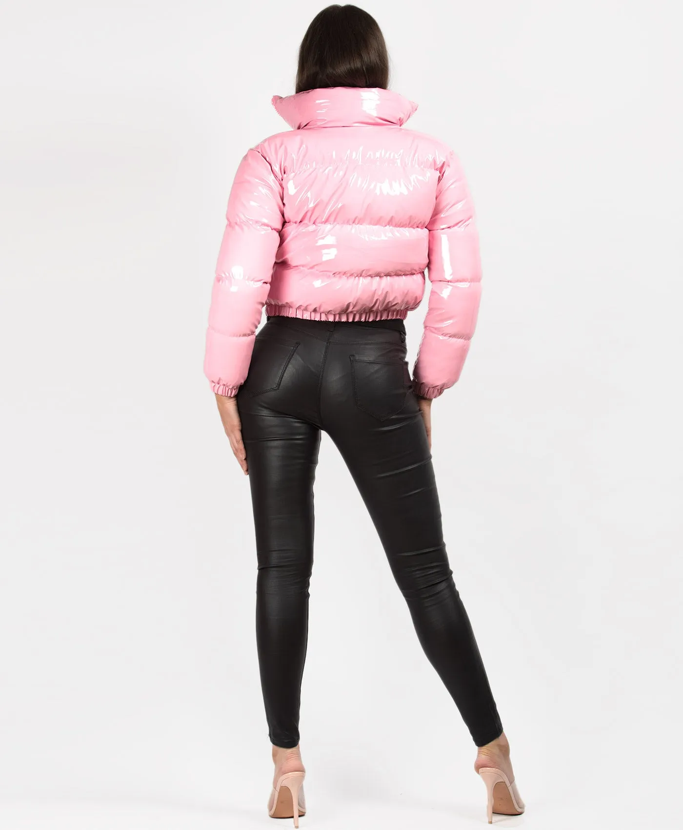 Pink High Shine PU Vinyl Cropped Puffer Jacket