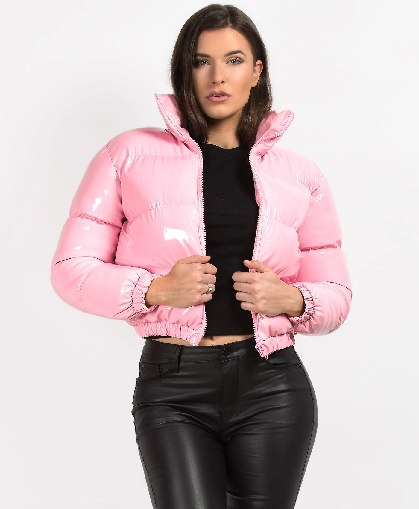 Pink High Shine PU Vinyl Cropped Puffer Jacket