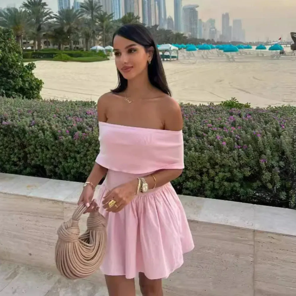 Pink Knitted Mini Dress Women Elegant Fashion Off The Shoulder Bodycon Short Dresses Summer Sweet Girl Holiday Beach Dress