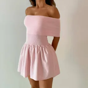 Pink Knitted Mini Dress Women Elegant Fashion Off The Shoulder Bodycon Short Dresses Summer Sweet Girl Holiday Beach Dress