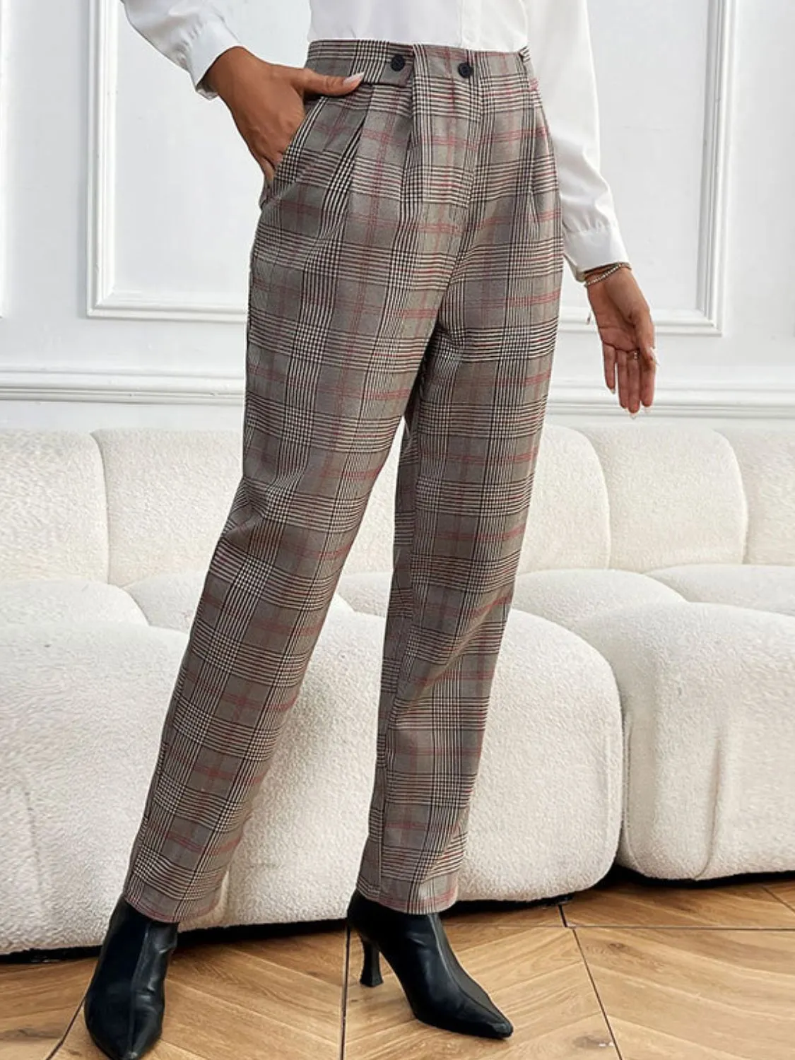 Plaid Straight Pants with Pockets