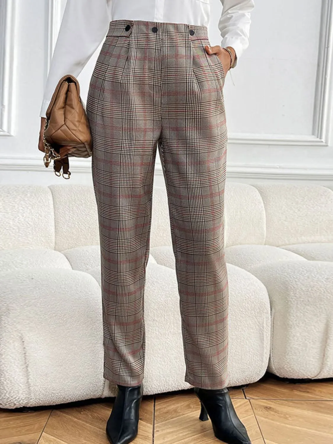 Plaid Straight Pants with Pockets