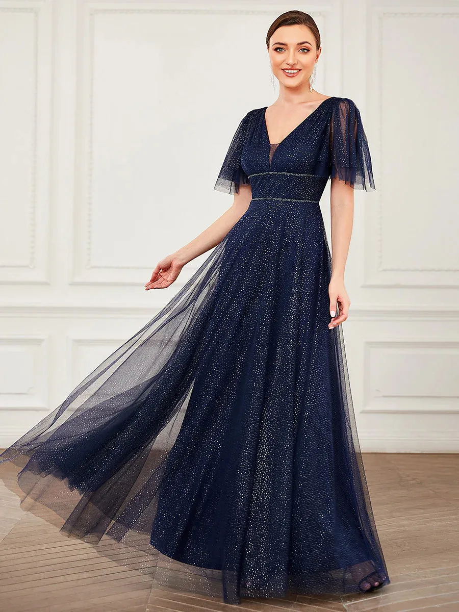 Plunging Neckline Sparkly Evening Dress