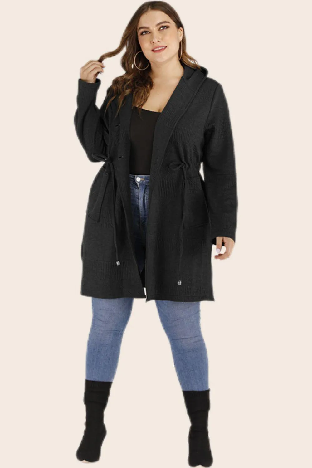 Plus Size Drawstring Waist Hooded Cardigan