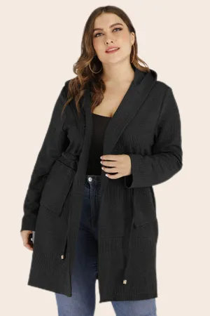 Plus Size Drawstring Waist Hooded Cardigan