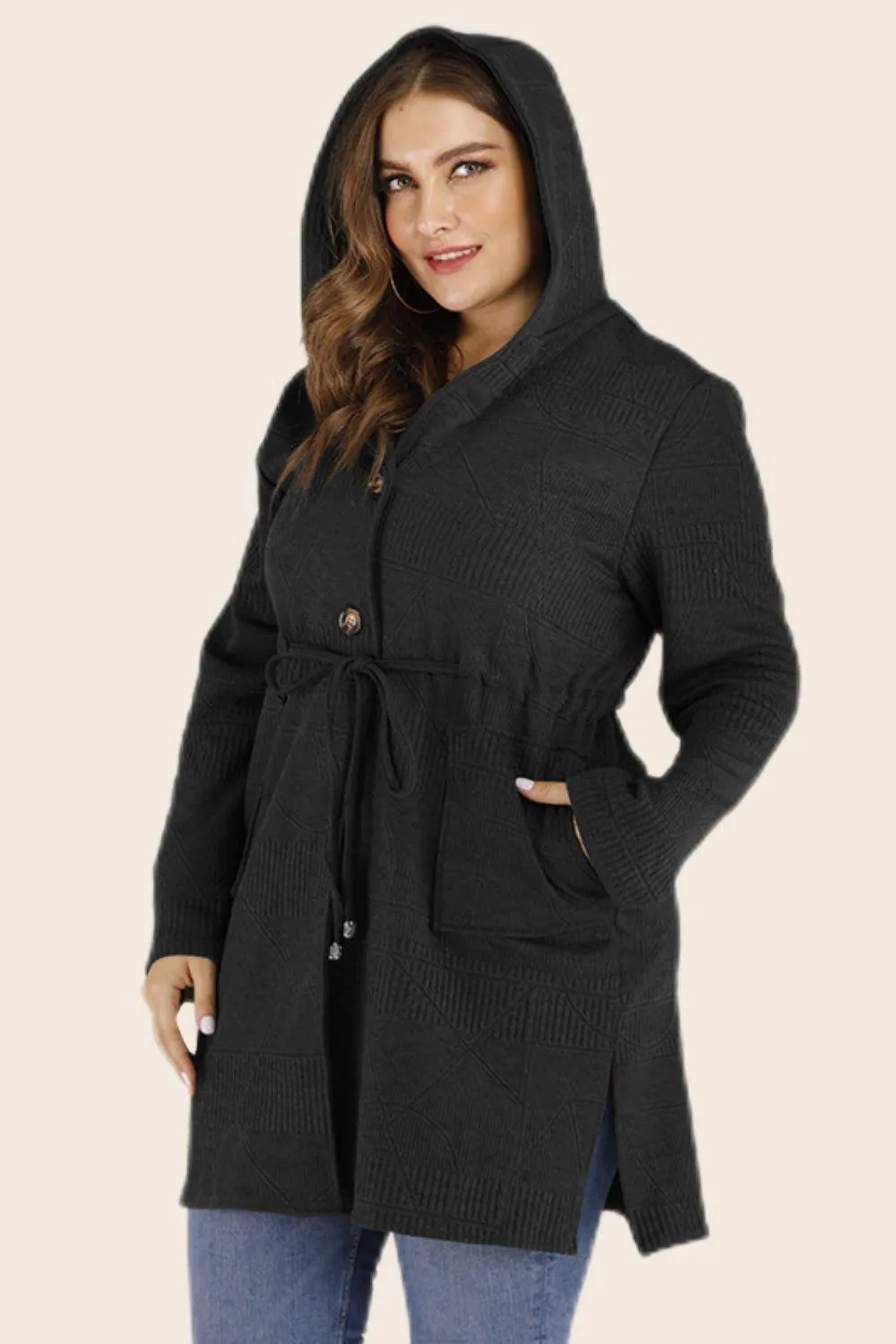 Plus Size Drawstring Waist Hooded Cardigan