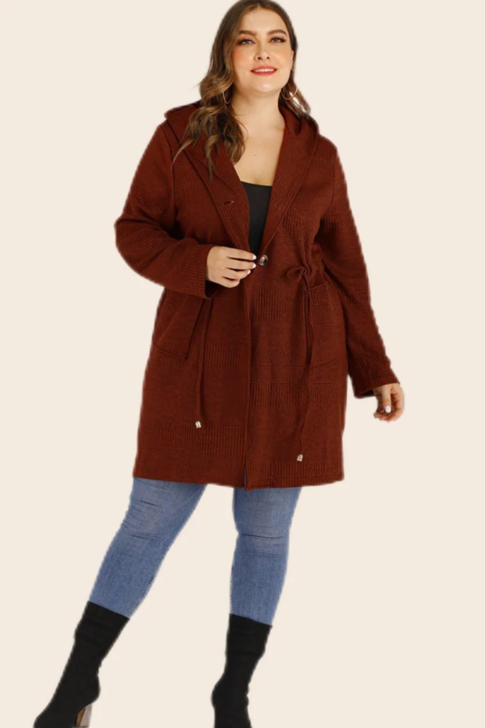 Plus Size Drawstring Waist Hooded Cardigan