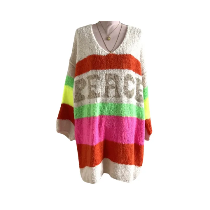 Pre Order:  Casual V Neck Long Sleeve Rainbow Stripe Knitted Dress