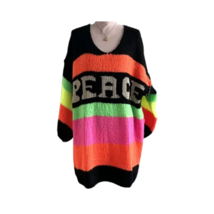 Pre Order:  Casual V Neck Long Sleeve Rainbow Stripe Knitted Dress