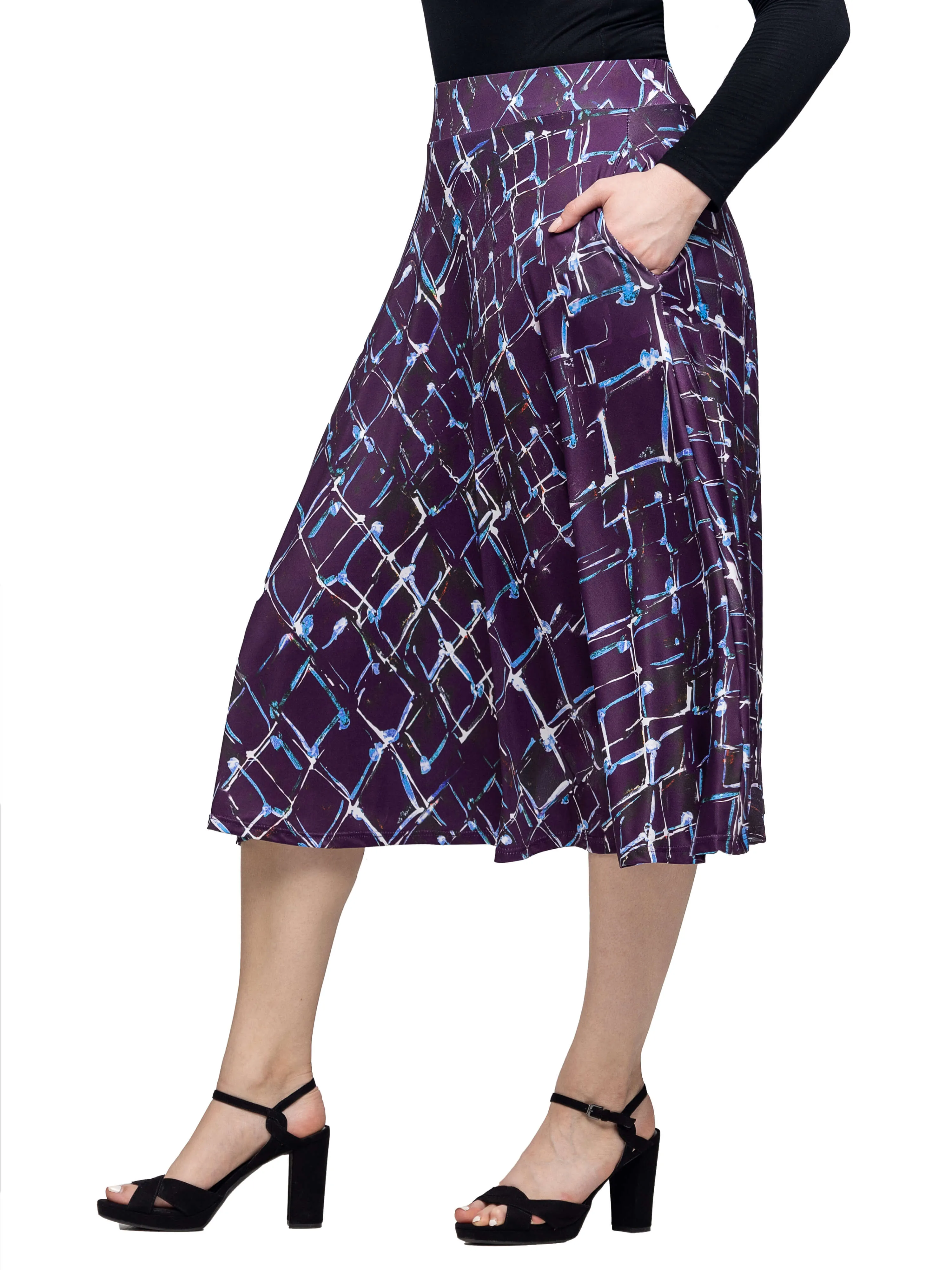 Purple Print Elastic Waist Pocket Midi Skirt