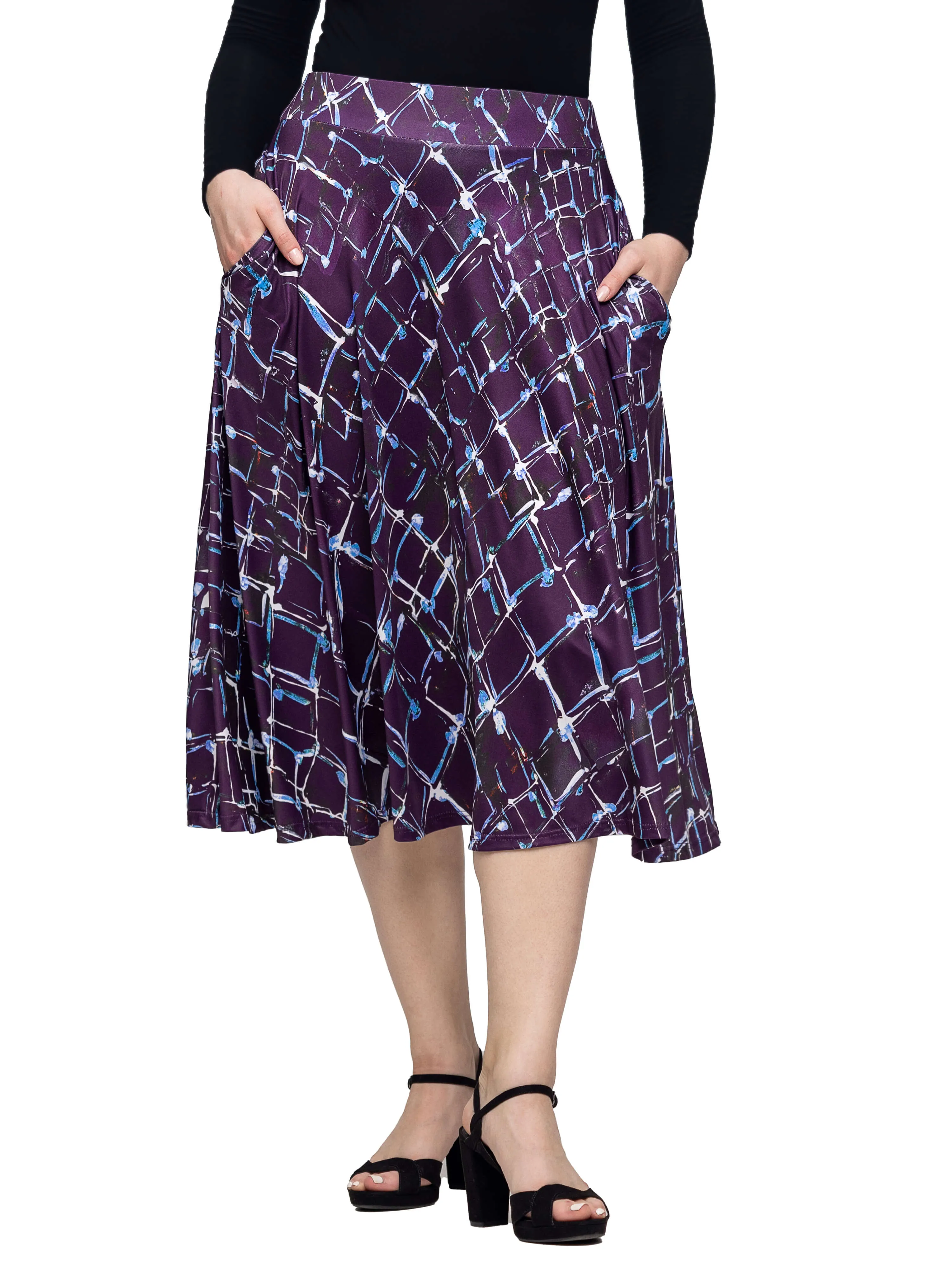 Purple Print Elastic Waist Pocket Midi Skirt