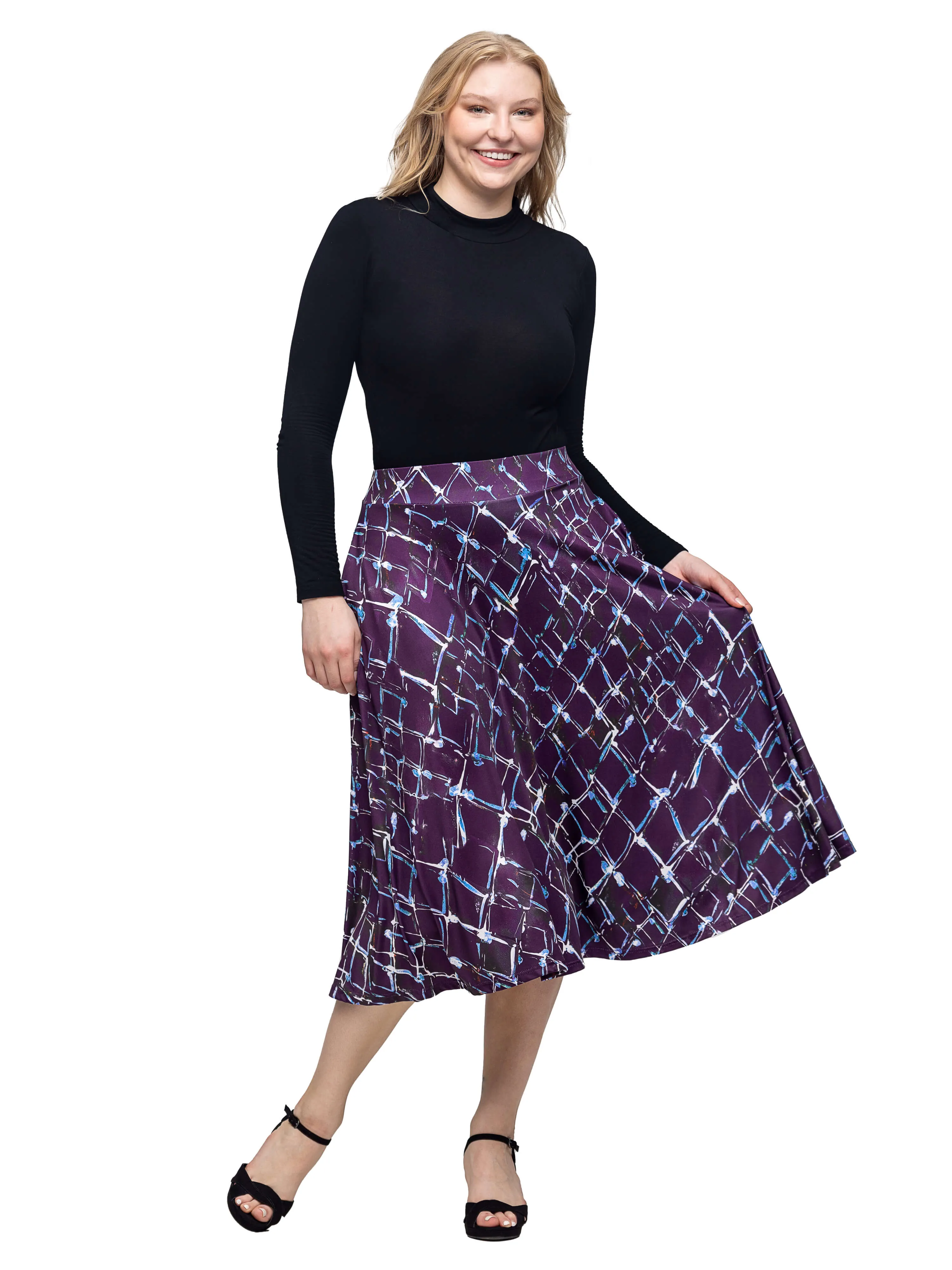 Purple Print Elastic Waist Pocket Midi Skirt