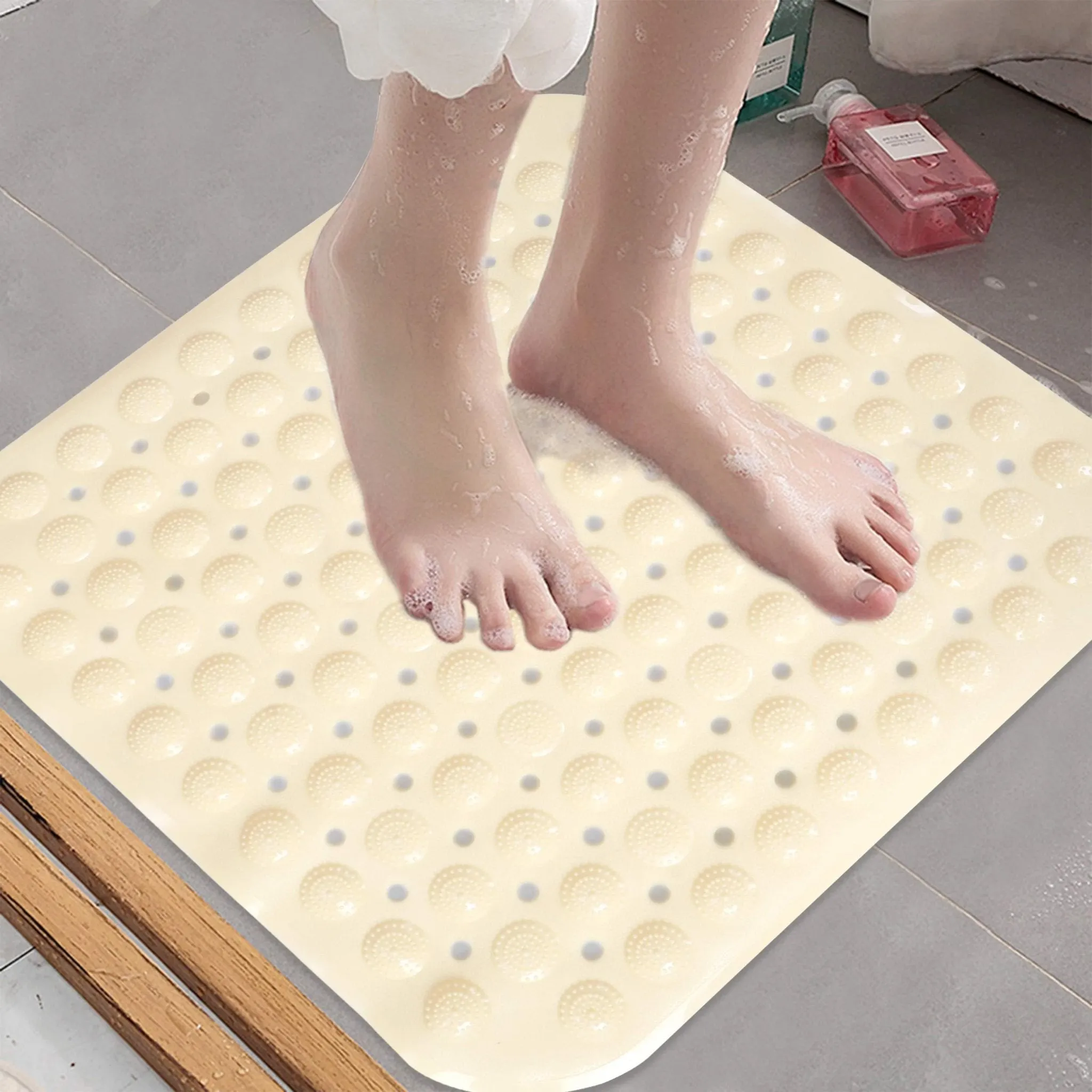 PVC Shower Mat Anti-Slip with Massage Acupressure Points, 48x48 cm, Beige