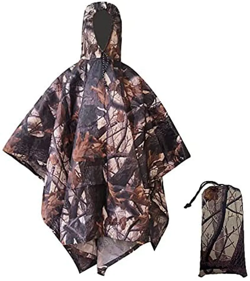 QIANQUHUI Camouflage Waterproof Rain Poncho Lightweight Reusable Hiking Hooded Coat Jacket for Outdoor Activities