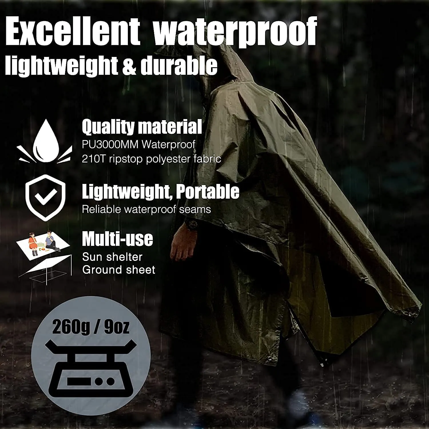 QIANQUHUI Camouflage Waterproof Rain Poncho Lightweight Reusable Hiking Hooded Coat Jacket for Outdoor Activities