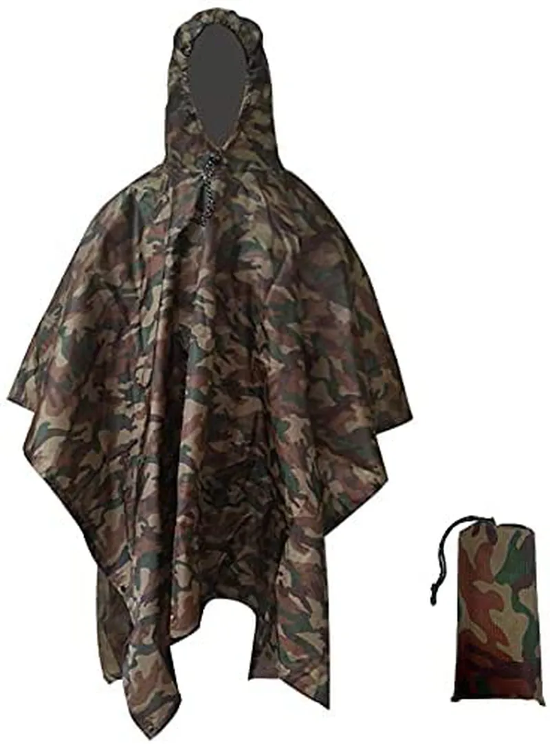 QIANQUHUI Camouflage Waterproof Rain Poncho Lightweight Reusable Hiking Hooded Coat Jacket for Outdoor Activities