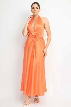 "Something Satin" Halter Belted Maxi Dress