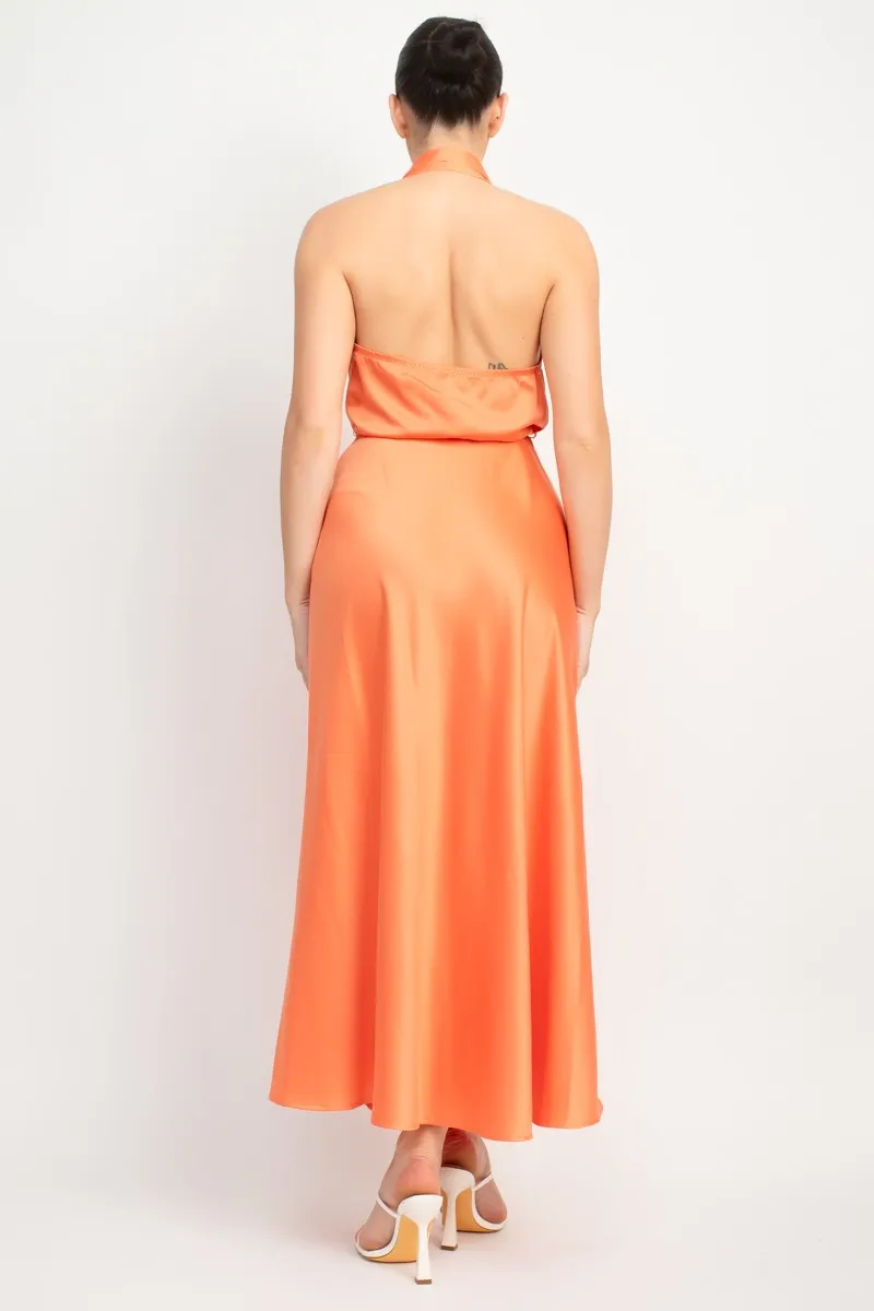 "Something Satin" Halter Belted Maxi Dress