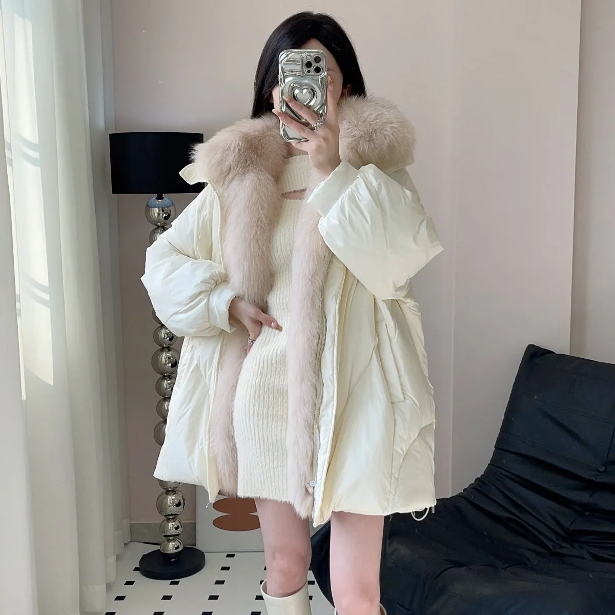 Removable fox fur collar loose wide version fur goose down jacket women's medium and long 2023 winter coat coat