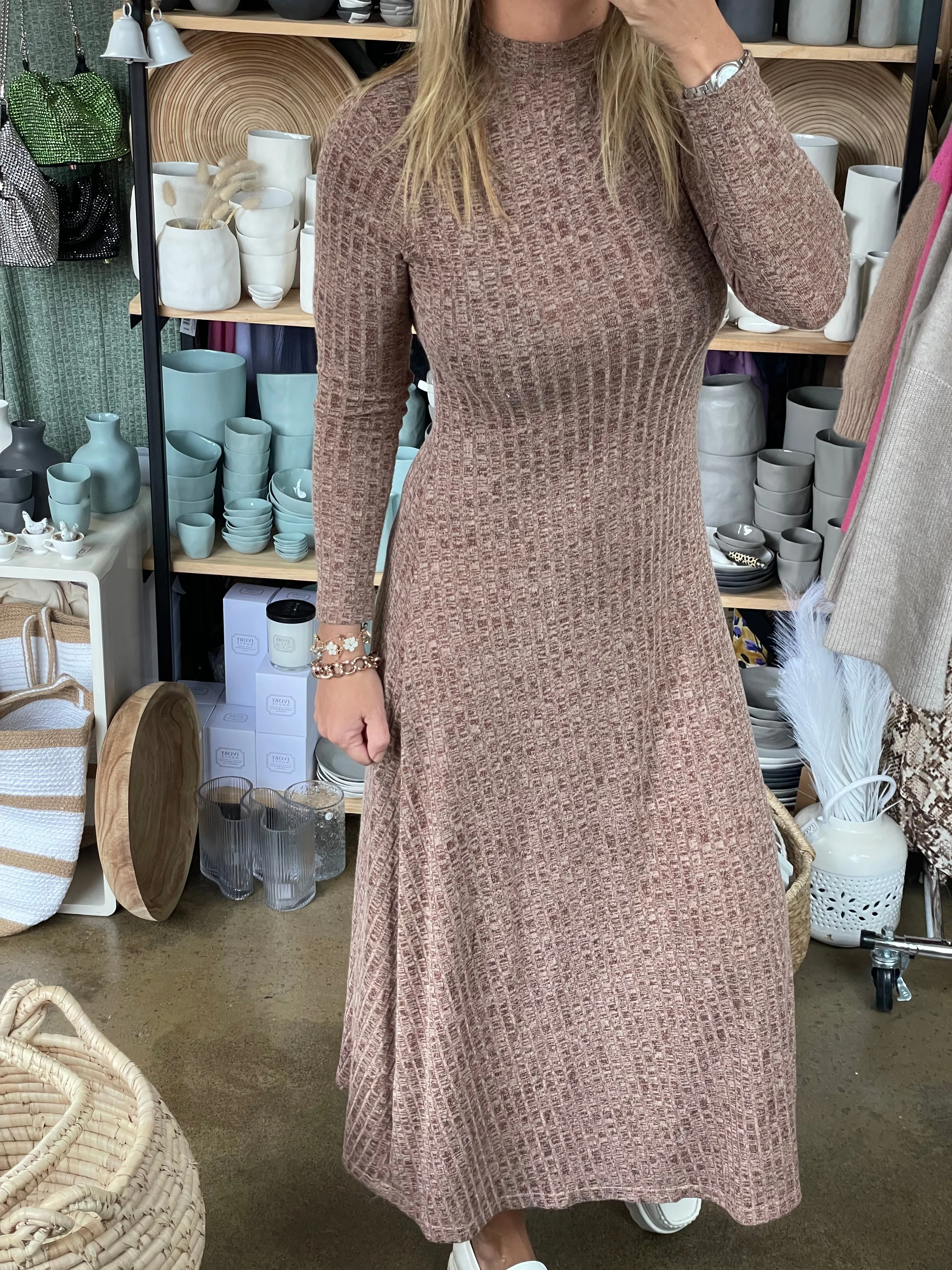 Ribbed Knit Long Sleeve Midi Dress Cinnamon