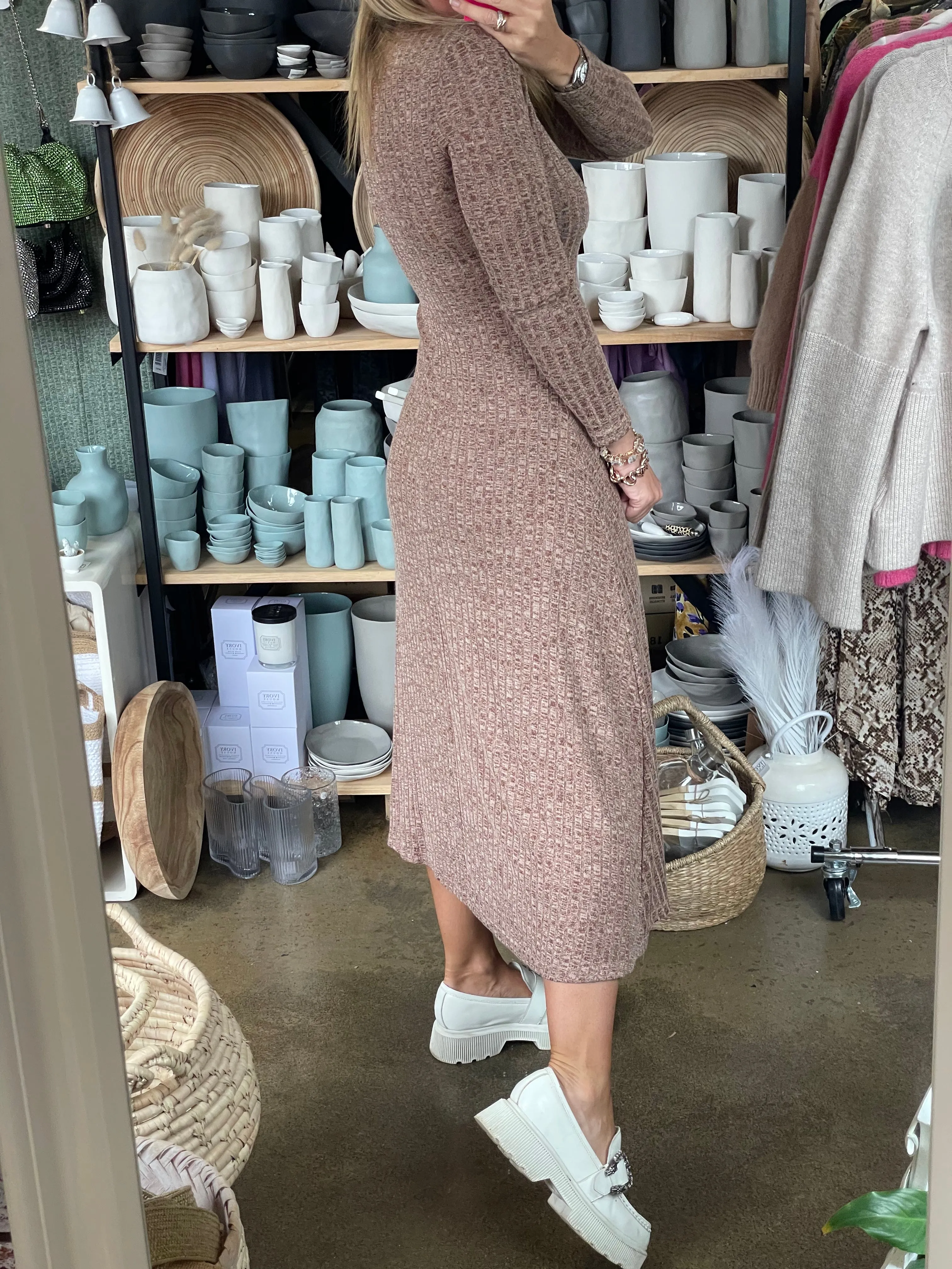 Ribbed Knit Long Sleeve Midi Dress Cinnamon