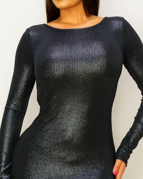 Ribbed Knit Metallic Backless Midi Dress