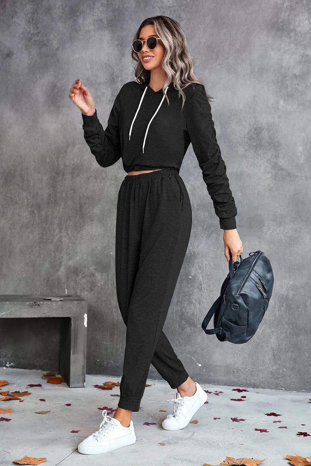 Ruched Raglan Sleeve Hoodie and Joggers Set