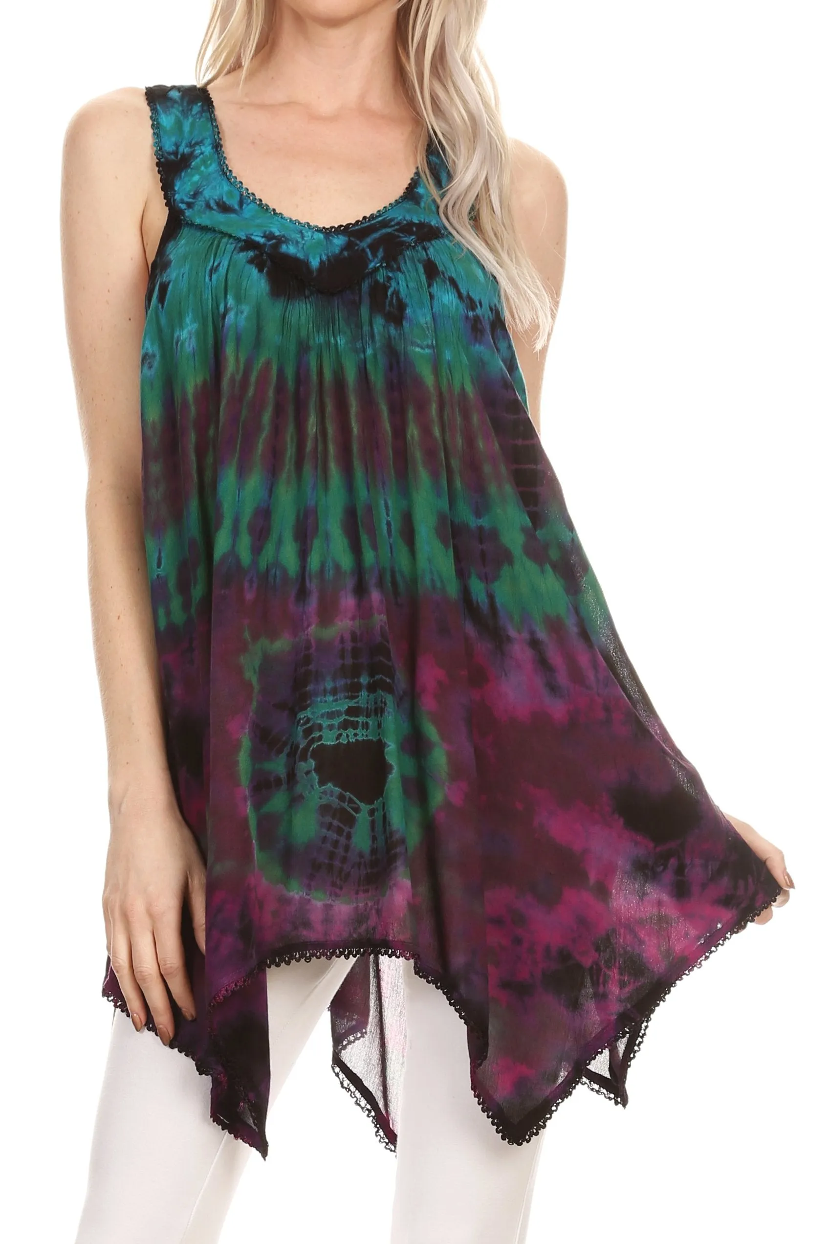 Sakkas Nalu Sleeveless Relaxed Fit Multi Color Tie Dye V-Neck Blouse | Cover Up