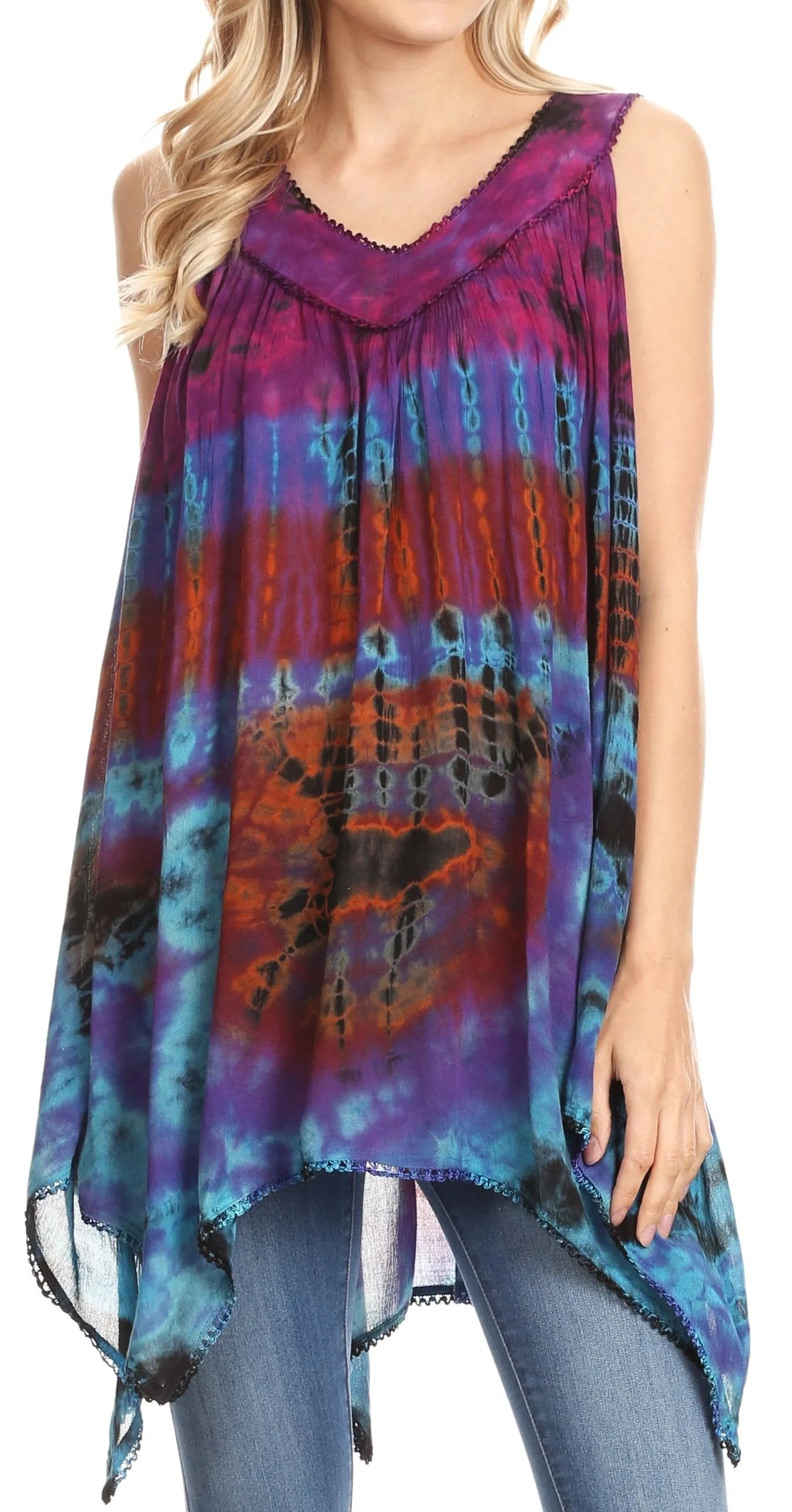 Sakkas Nalu Sleeveless Relaxed Fit Multi Color Tie Dye V-Neck Blouse | Cover Up