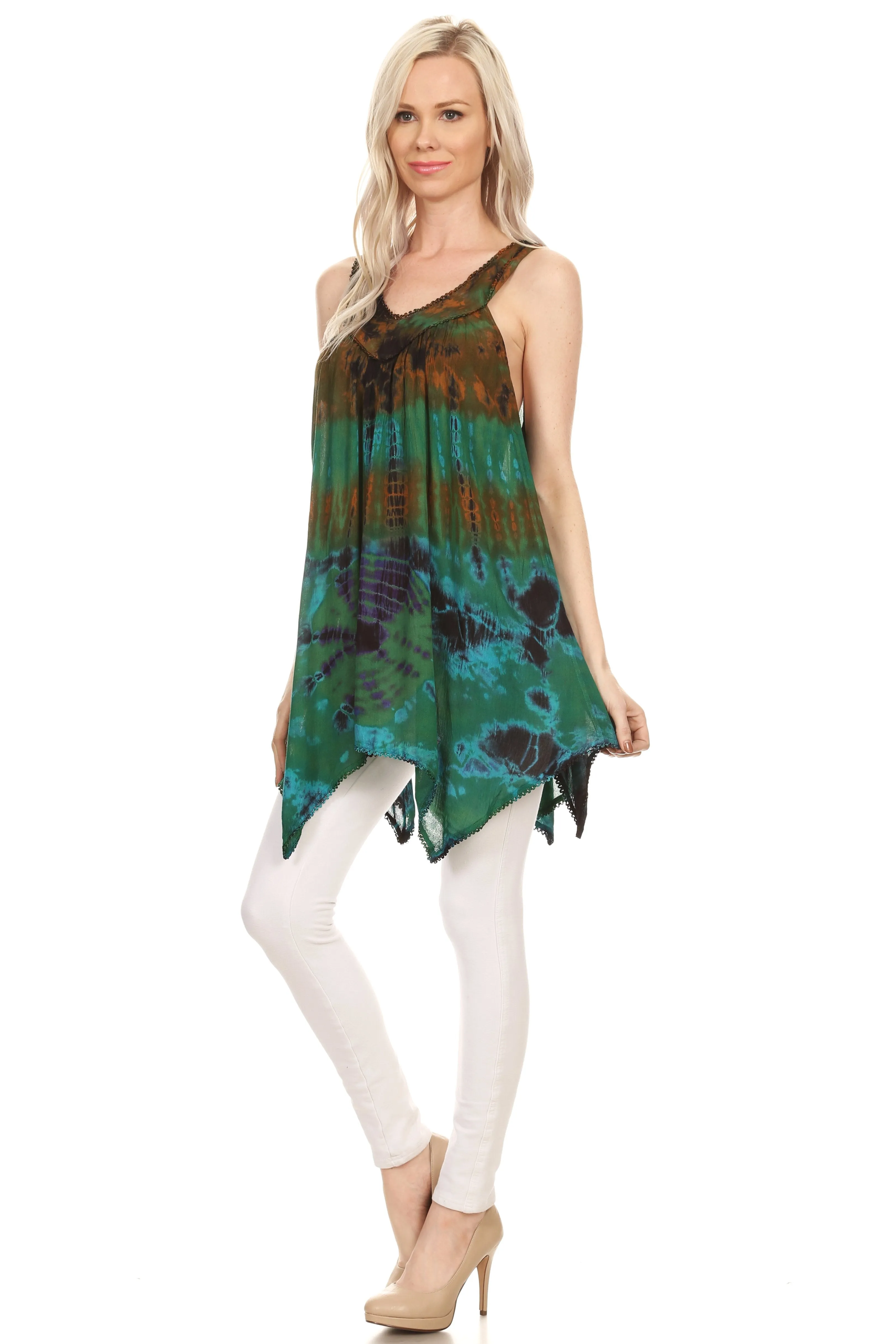 Sakkas Nalu Sleeveless Relaxed Fit Multi Color Tie Dye V-Neck Blouse | Cover Up