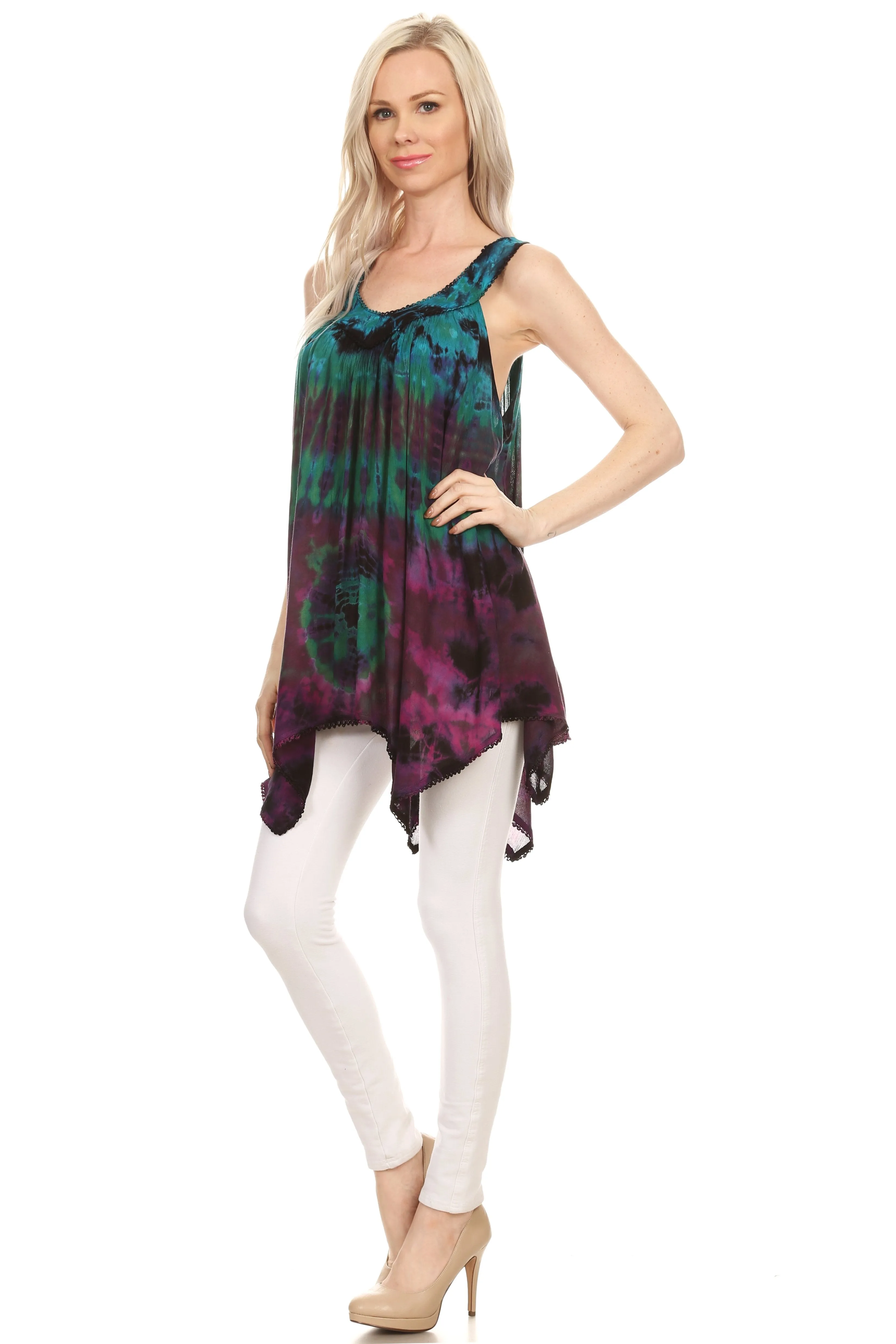 Sakkas Nalu Sleeveless Relaxed Fit Multi Color Tie Dye V-Neck Blouse | Cover Up