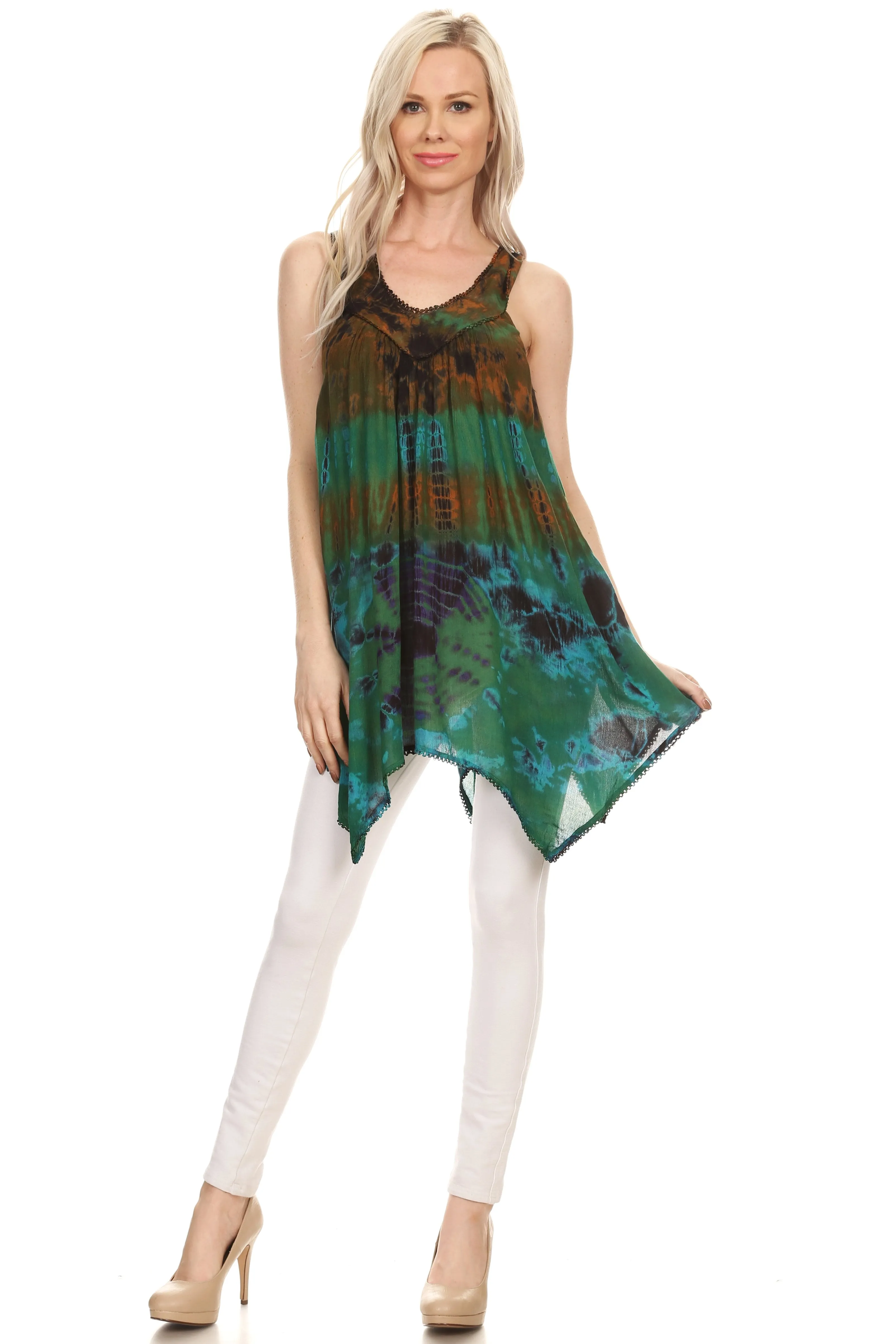 Sakkas Nalu Sleeveless Relaxed Fit Multi Color Tie Dye V-Neck Blouse | Cover Up