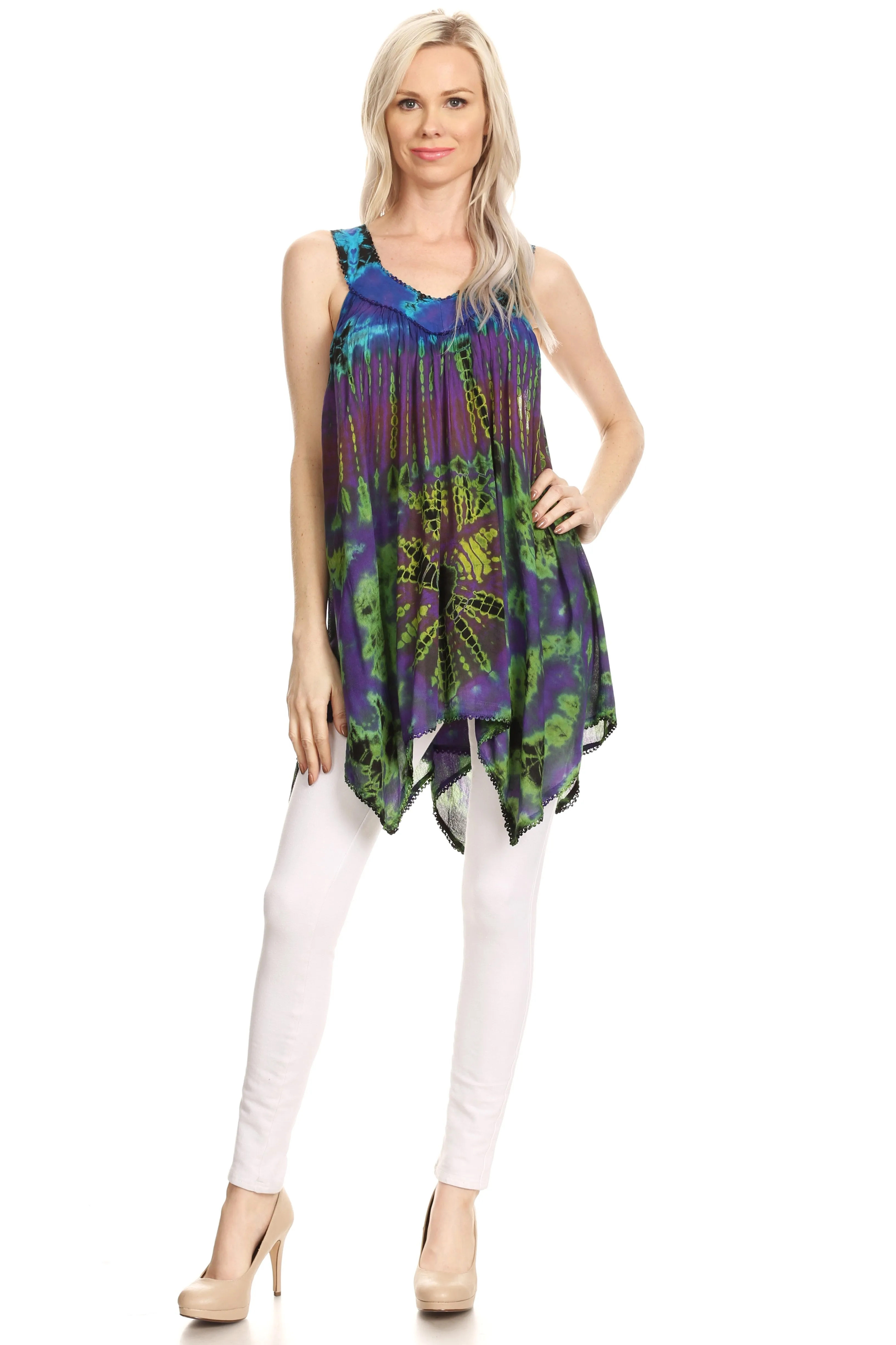 Sakkas Nalu Sleeveless Relaxed Fit Multi Color Tie Dye V-Neck Blouse | Cover Up