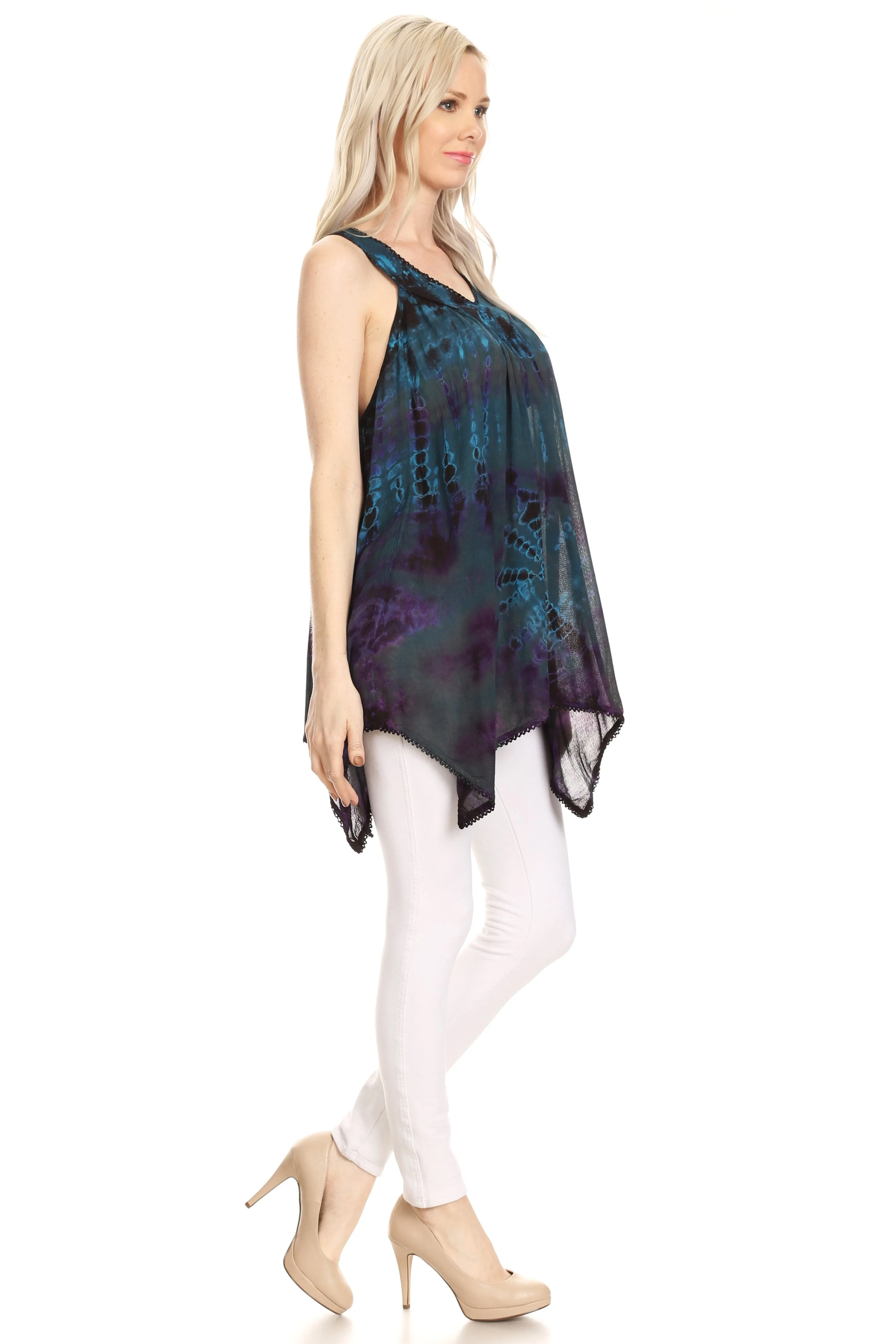 Sakkas Nalu Sleeveless Relaxed Fit Multi Color Tie Dye V-Neck Blouse | Cover Up