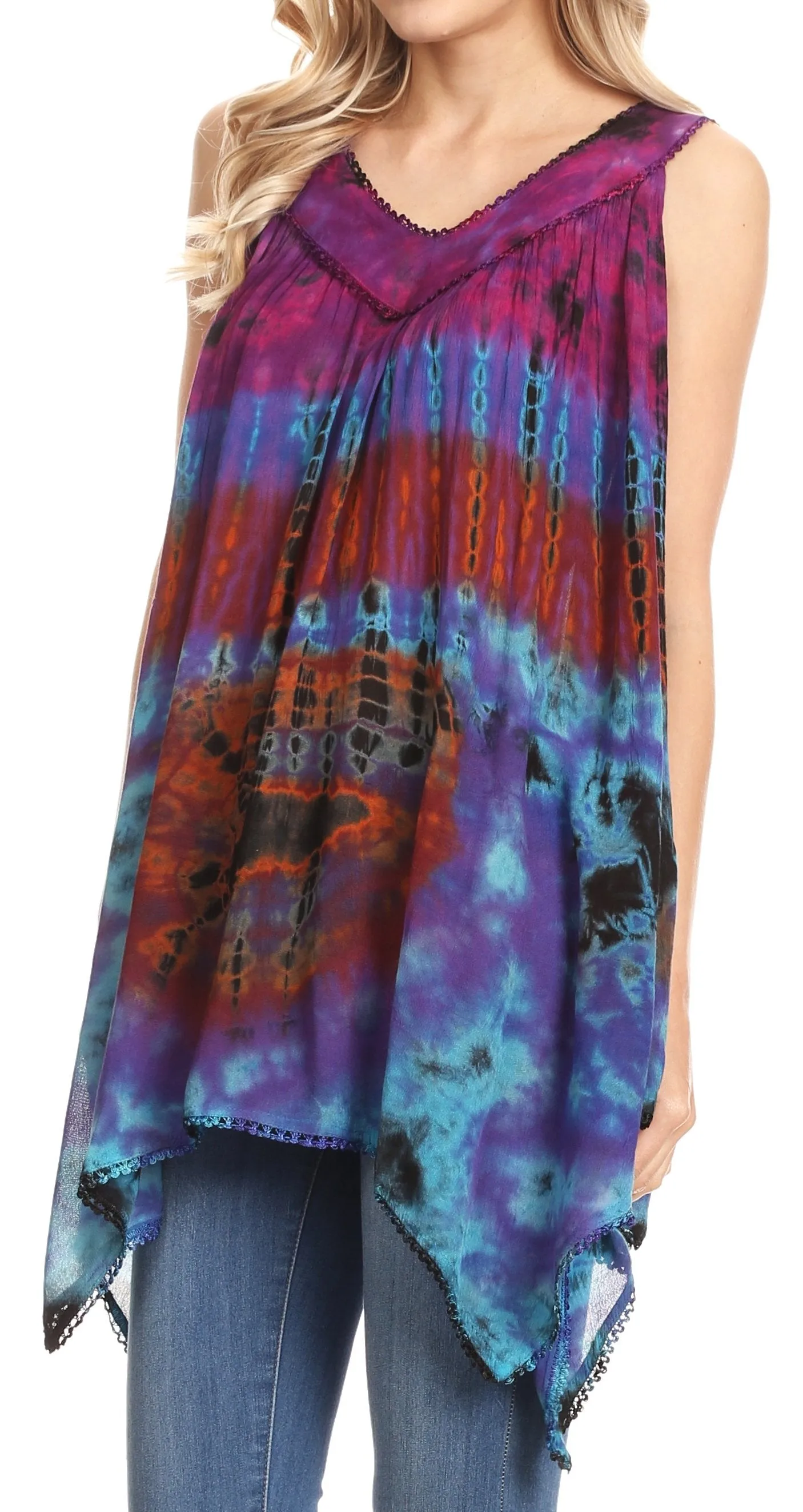 Sakkas Nalu Sleeveless Relaxed Fit Multi Color Tie Dye V-Neck Blouse | Cover Up