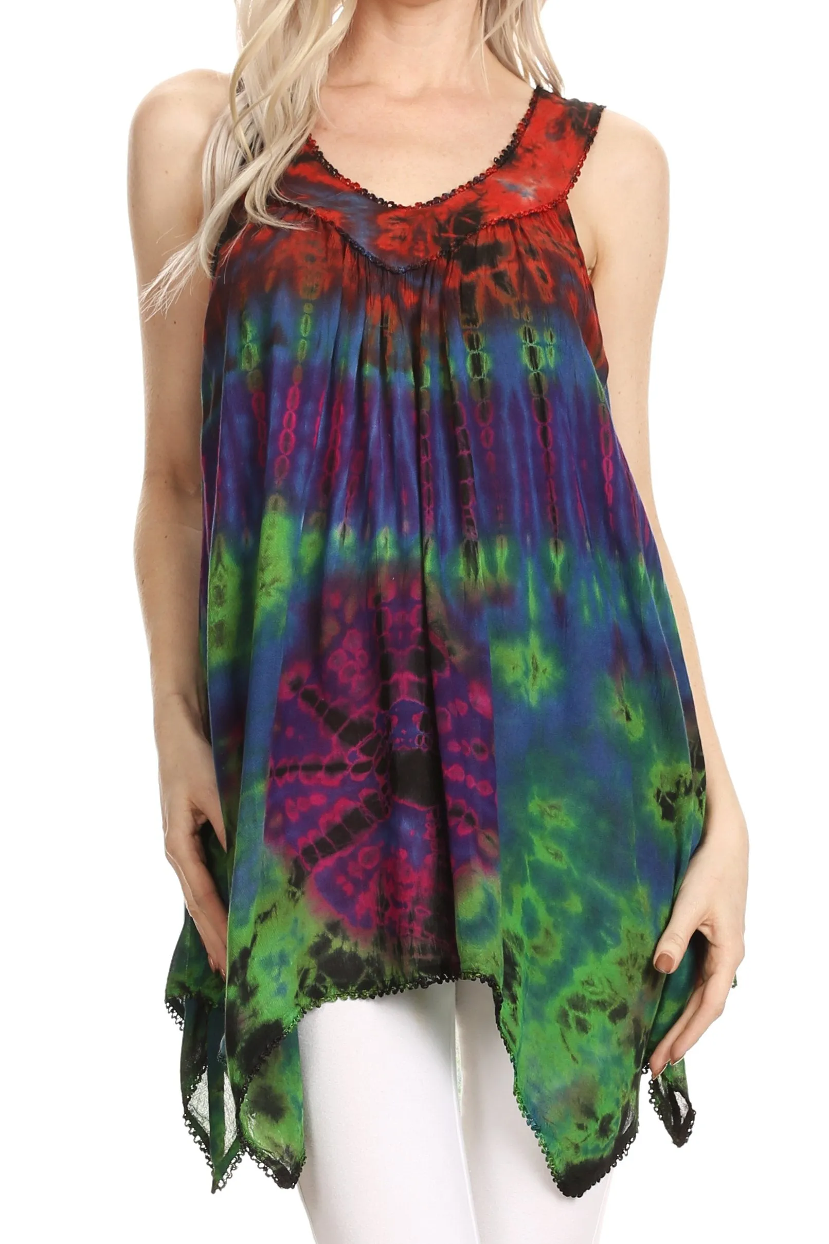 Sakkas Nalu Sleeveless Relaxed Fit Multi Color Tie Dye V-Neck Blouse | Cover Up