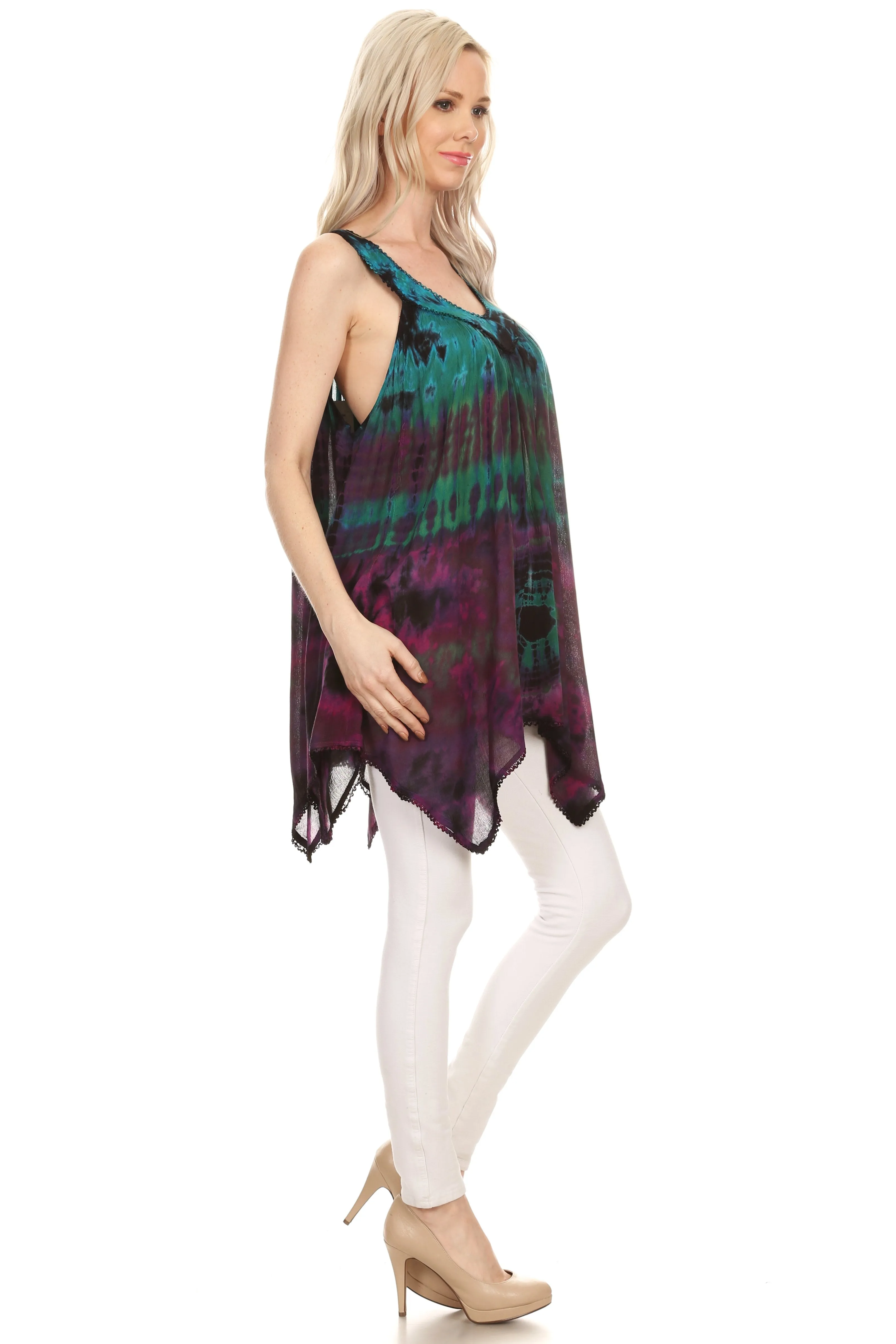 Sakkas Nalu Sleeveless Relaxed Fit Multi Color Tie Dye V-Neck Blouse | Cover Up