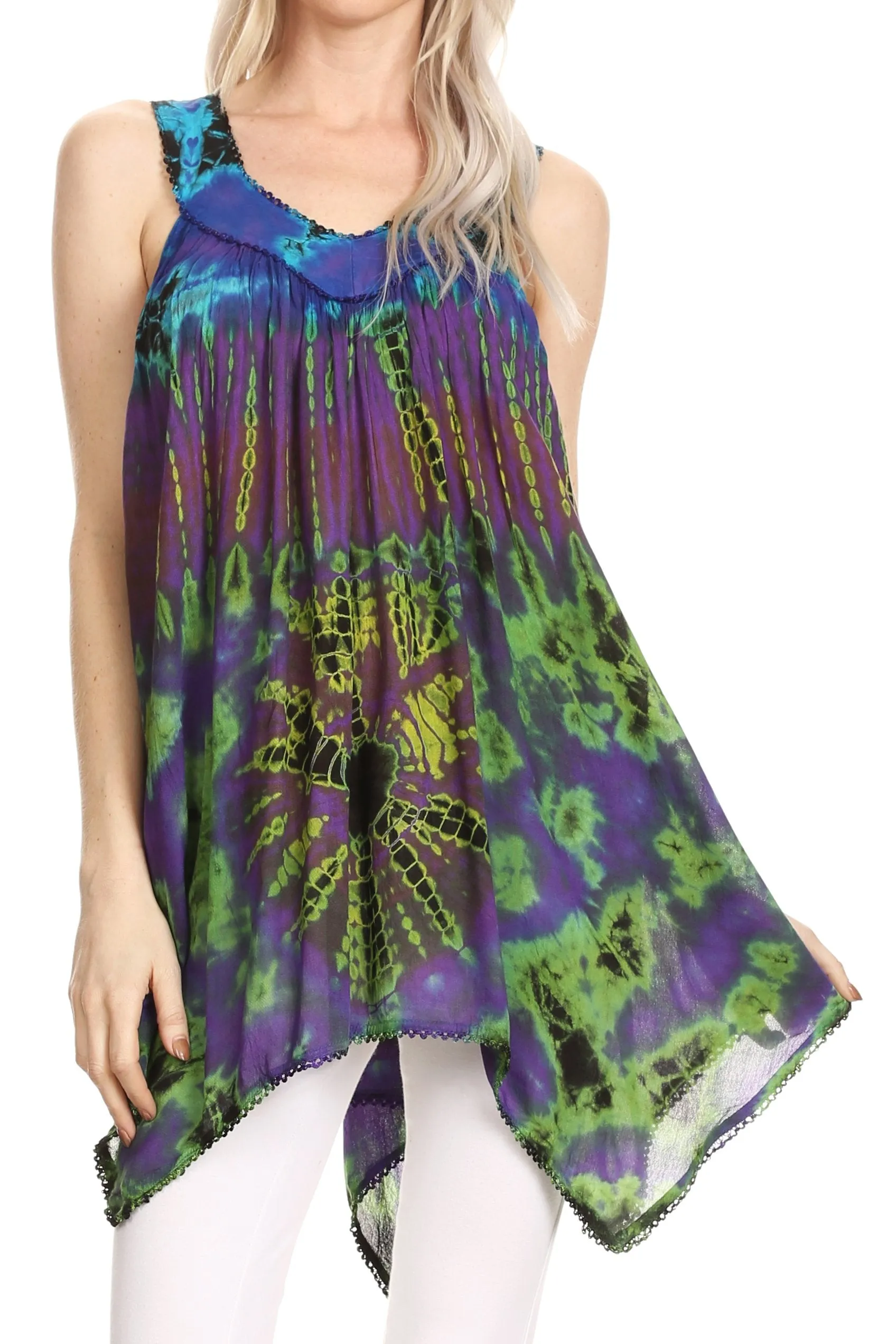 Sakkas Nalu Sleeveless Relaxed Fit Multi Color Tie Dye V-Neck Blouse | Cover Up